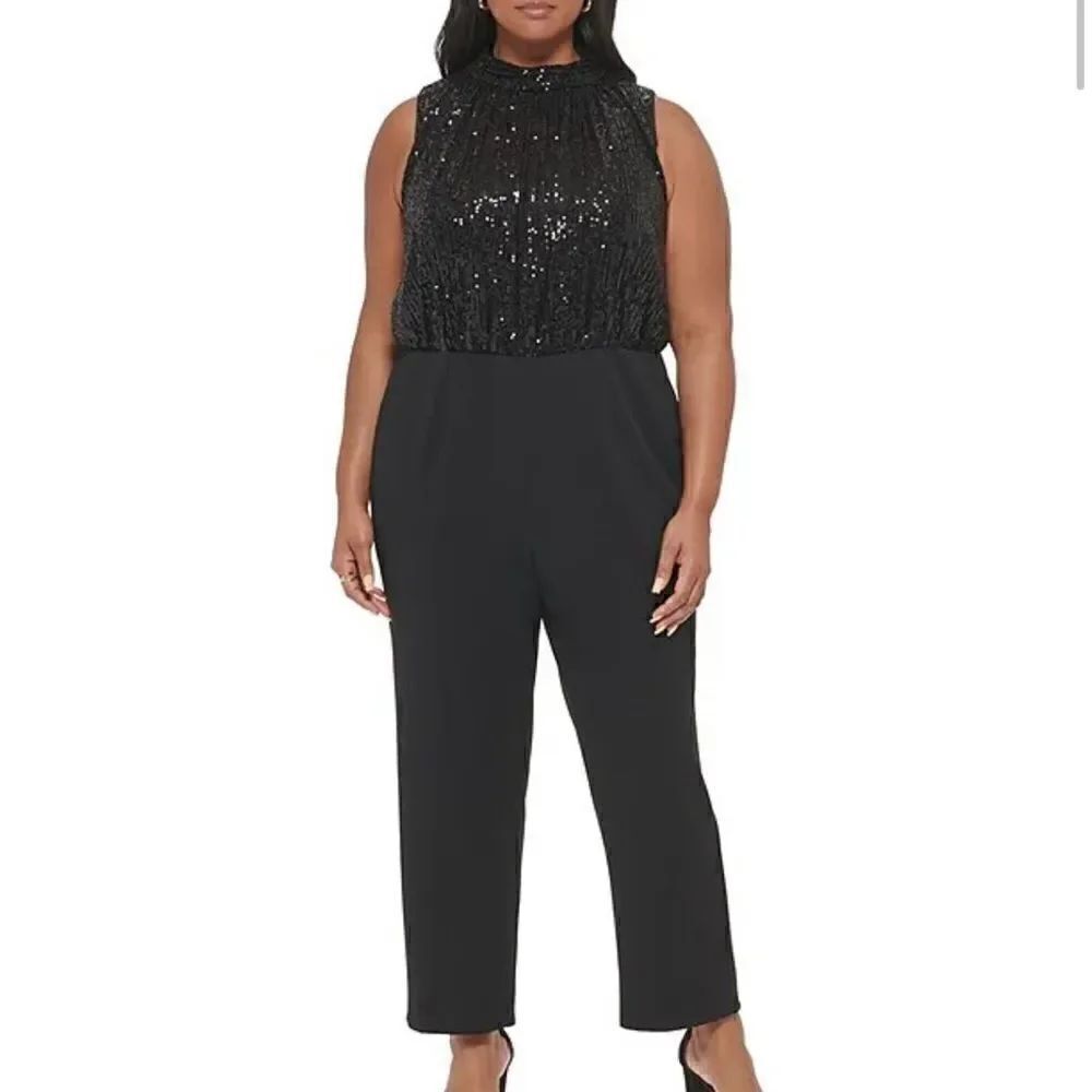 Eliza J plus size sequin halter mock neck sleeveless blouson crepe jumpsuit 22W